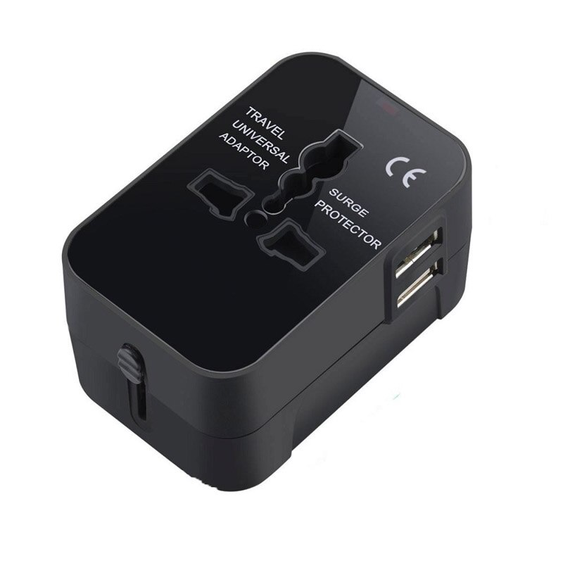 Universal Travel Adapter - 2 USB Ports, 2500W, 100-240V, Overload Protection, for USA EU UK AU: Black