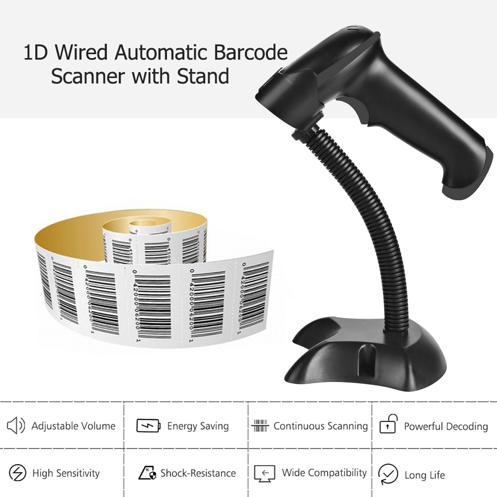 Aibecy automatischer usb-barcodescanner, kabelgebundener 1d -scanner mit verstellbarem ständer und usb-kabel für windows und mac