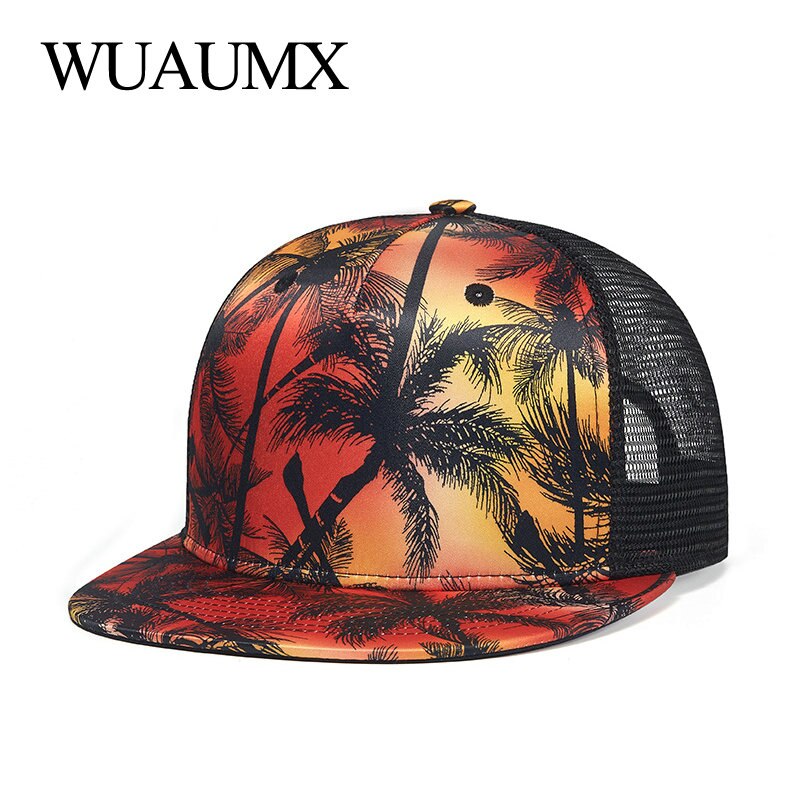 Zomer Mesh Trucker Hoed Voor Mannen Kokospalm Print Platte Rand Hip Hop Baseball Cap Vrouwen Rood snapback Zonnebrandcrème Hoed