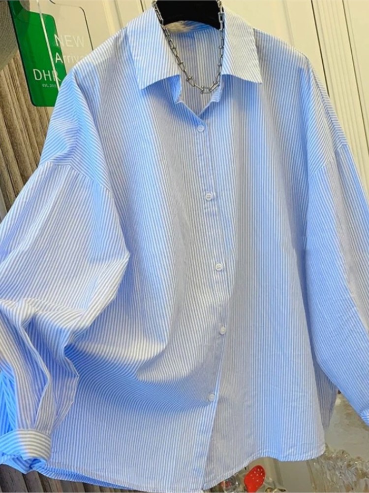 Camisa De algodón a rayas para Mujer, Blusa De manga larga con cordones, talla grande, a la , otoño, 2024