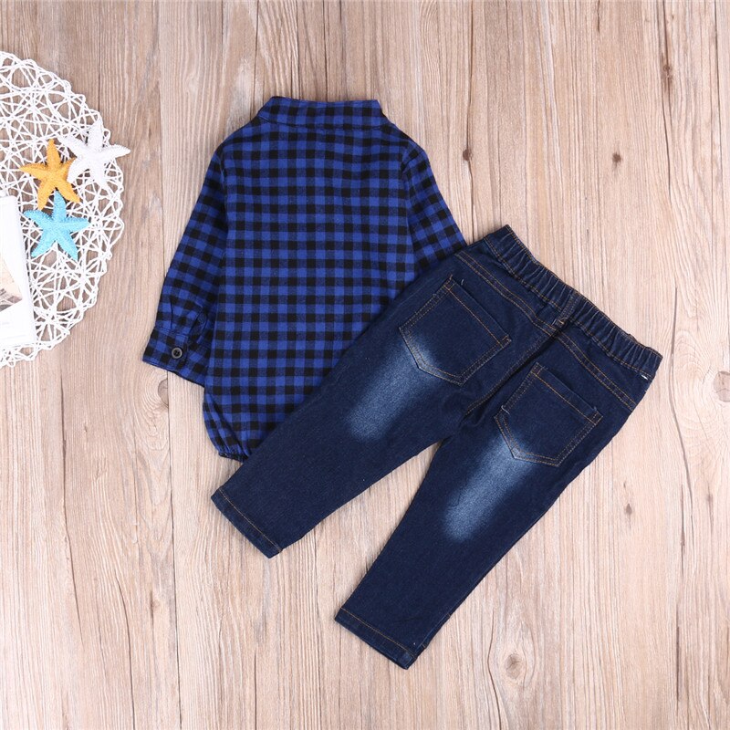 CANIS-Conjunto de ropa para niños recién nacidos, mono escocés, Tops, pantalones vaqueros, pantalones mallas conjuntos, traje Formal