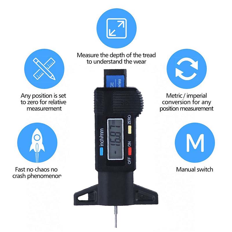 Medidor de profundidad de la banda de rodadura del neumático del coche con pantalla Digital, herramienta de medición, calibre de espesor, pastilla de freno, sistema de monitoreo de desgaste de zapatos