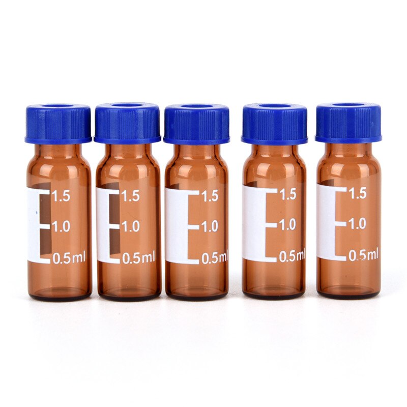 5 pc monsterflesjes 2ml flessen, bruine plastic deksel, gegradueerde ronde glazen reagensfles, blauwe schroefdop, schroefdeksel, gegradueerde dop