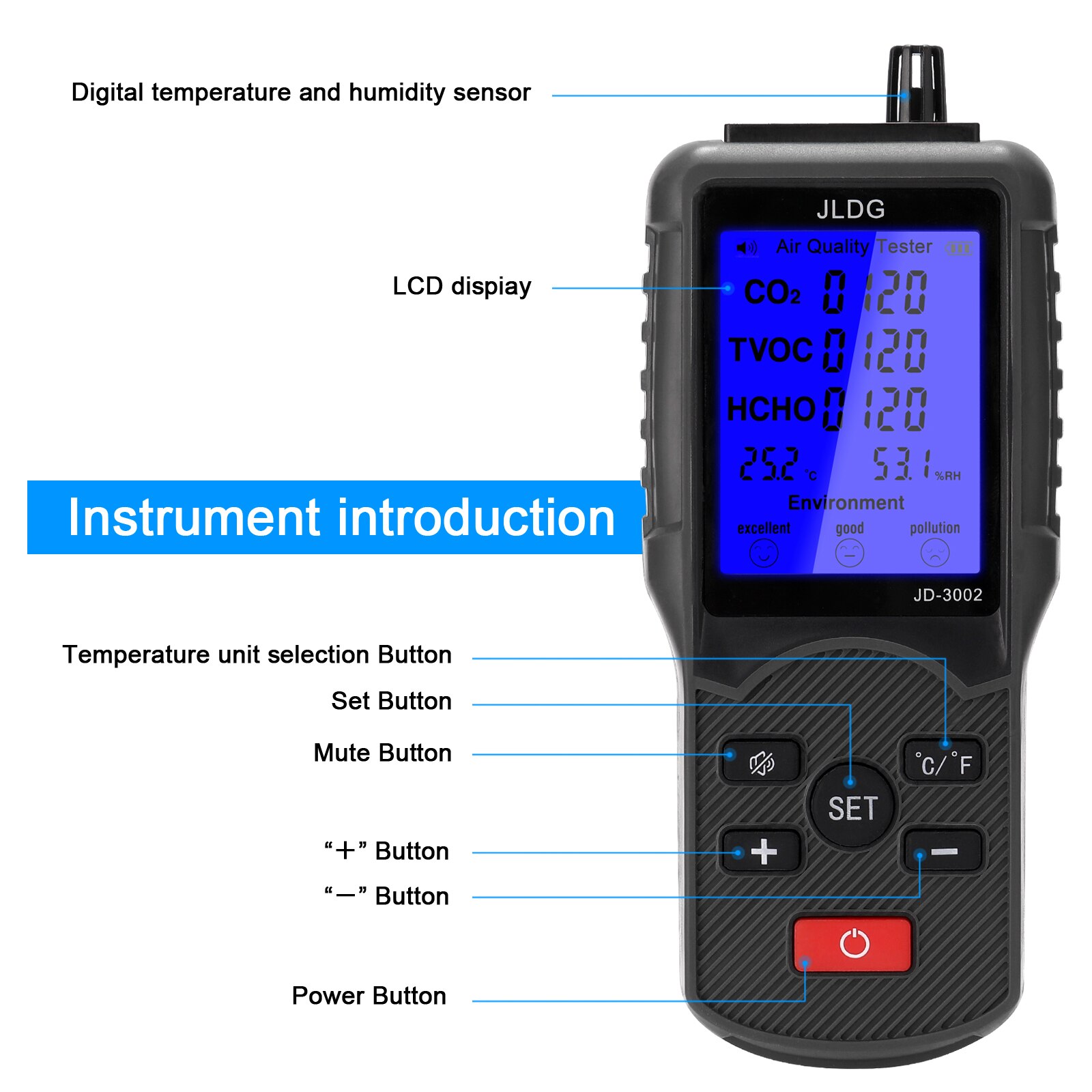 Multifunctional JD-3002 Air Tester CO2 Sensor Air Tester CO2 TVOC Meter Temperature Humidity Measuring Monitor