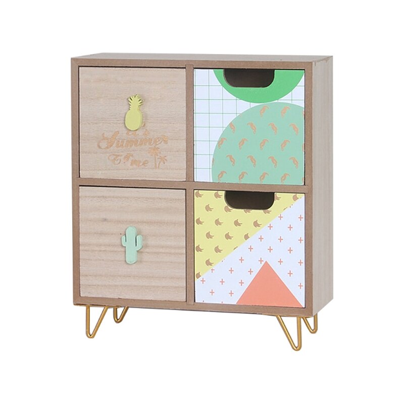 Wooden Drawer Storage Box Desktop Dividers Organizer Cute Cactus Pattern Makeup Cosmetic Container Jewelry Shelf Cabinet