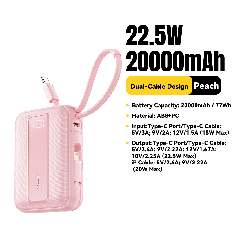 Essager 20000mAh Power Bank PD22.5W Dual Cable Fast Charging Powerbank Portable External Battery Charger For iphone Huawei ipad: MULTI / 10000mAh