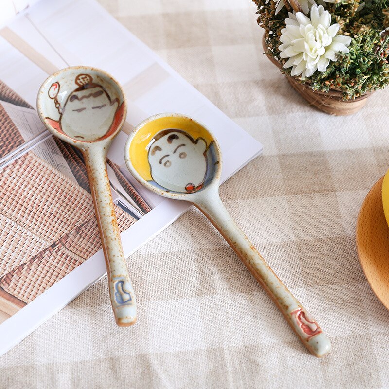 Handmade Ceramic Spoon Hand Painted Japanese Cartoon Cat Household Product Long Handle Spoon Kitchen Tableware 1 Piece: random style2