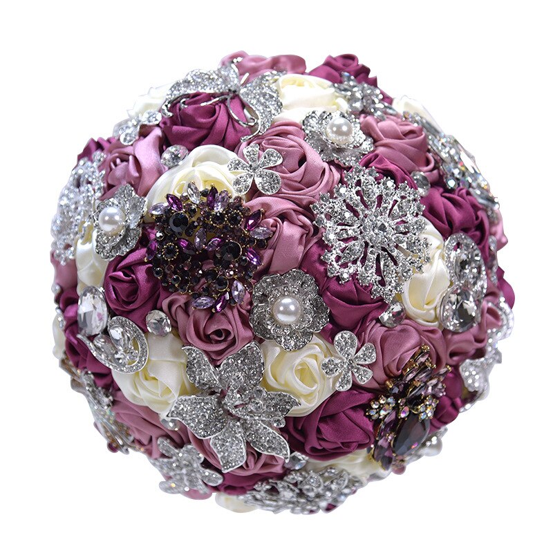 Bouquet de bijoux de mariage en or Rose, Rose, bordeaux, bijoux de mariage, cristal scintillant, bouquet de luxe par souvenir, D59: Purple Pink Ivory