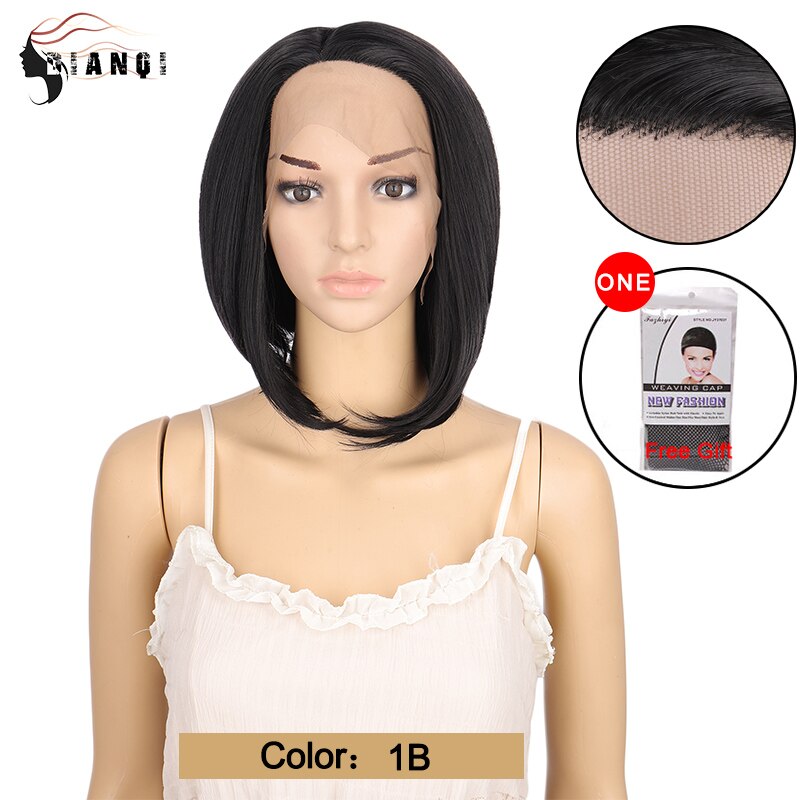 DIANQI 11 "Bob corto peluca sintética parte lateral peluca con malla frontal recto Bob con cola rizos Pelo Corto Oro Negro peluca para mujeres: black