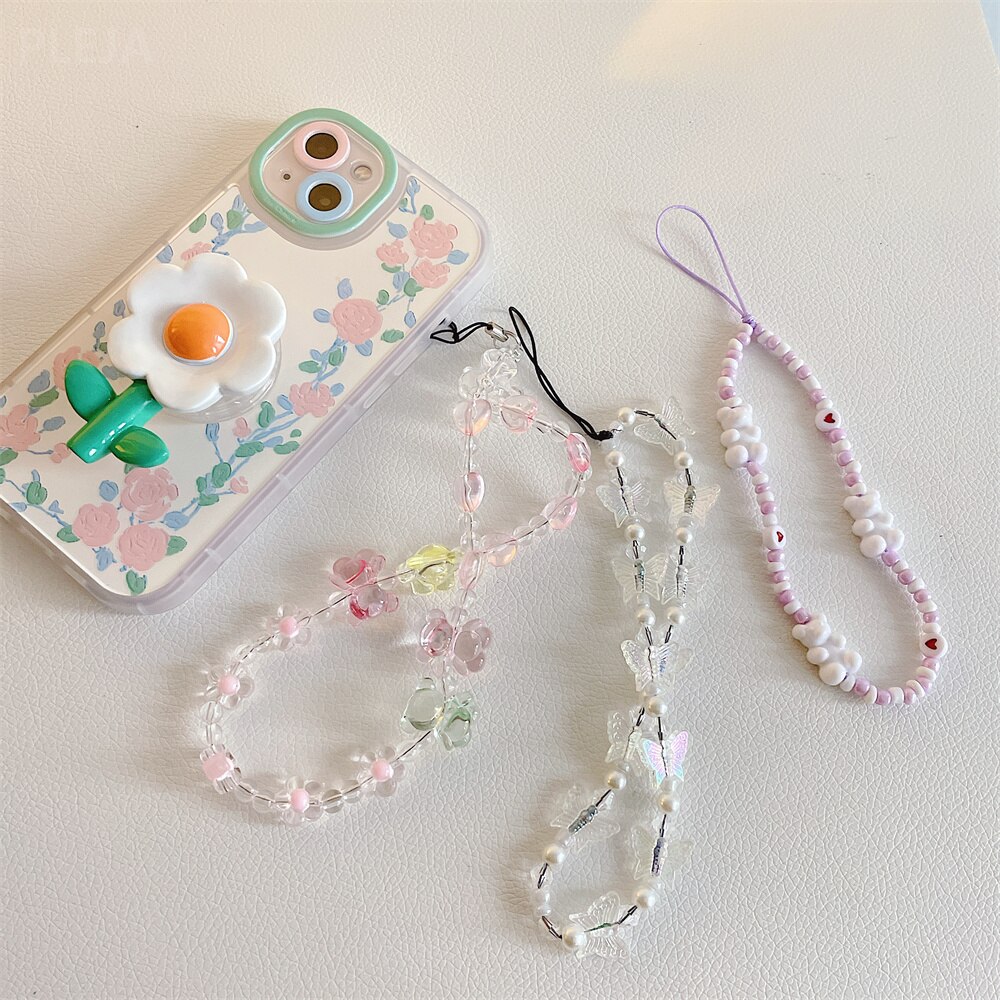 Trendy Multifunction Mobile Phone Chain Handmade Strap Lanyard Cute Bead Smile Butterfly Anti-lost Cellphone Case Rope For Women