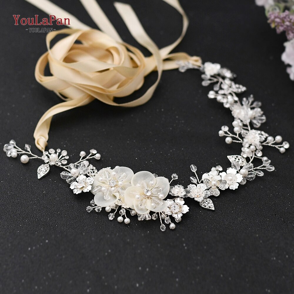 TOPQUEEN SH275 Rhinestone Belt Western Belts Women Decorative Dress Belts Silver Alloy Leaf Bridal Belts Belts: Champagne ribbon