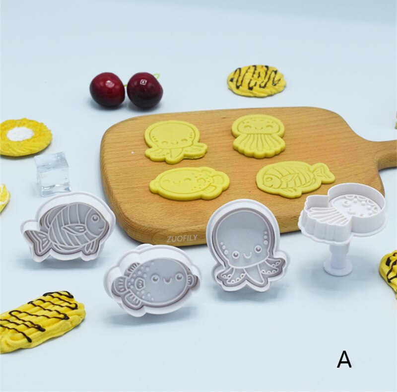 Molde para galletas de la serie de animales marinos, platillo de medusas del océano, cortador de galletas de émbolo DIY, juego de hornear, molde para glaseado de pasteles Fondant, 4 piezas