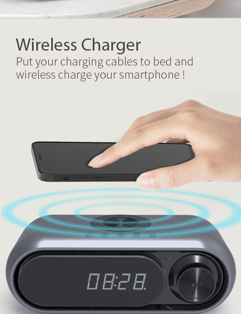 Draadloze Bluetooth Speaker Opladen Led Klok Alarm Fm Radio Tf Card Speaker Met Draadloze Oplader