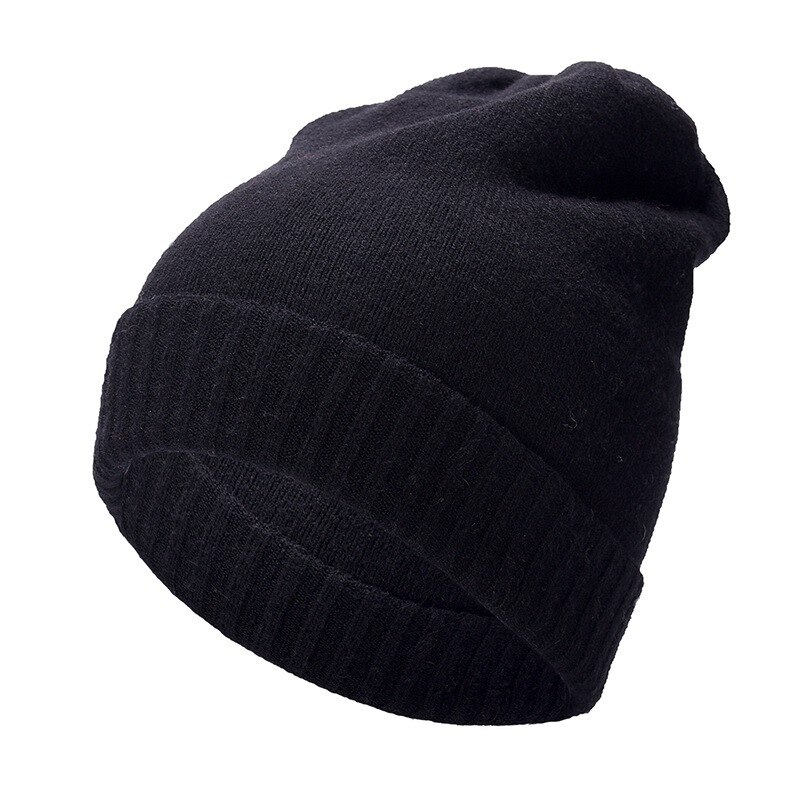 Zachte warme kasjmier muts met omslag, effen gebreide muts met omslag, unisex stijl, stretch schedel skimuts: Zwart