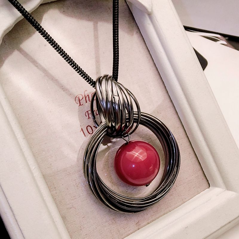 Ocean red pearl ball pendant long necklace circles simulated women black chain necklace jewelry