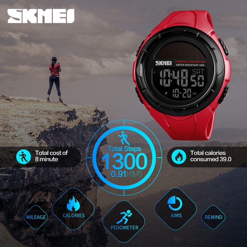 SKMEI boussole montres solaires hommes podomètre Calories montres hommes numérique Sport de plein air alarme heure Chrono reloj hombre 1488