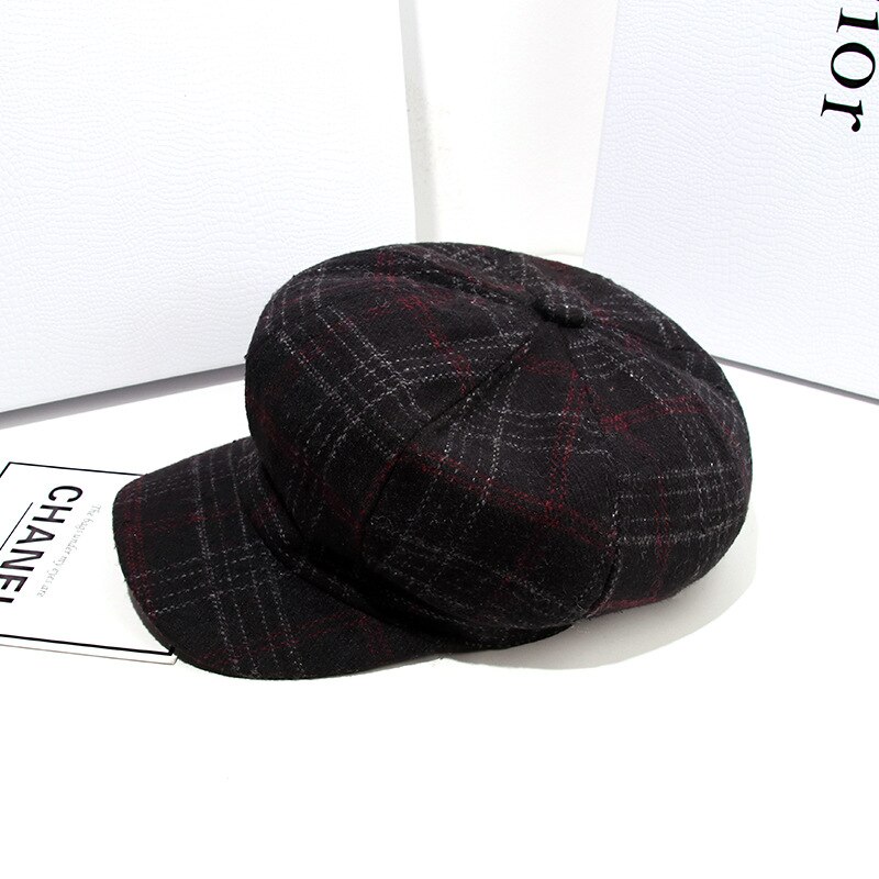 Vrouwen Hoeden Krantenverkoper Retro Stijl Winter Hoeden Voor Vrouwelijke Katoen Plaid Outdoor Achthoekige Hoed Mode: Black