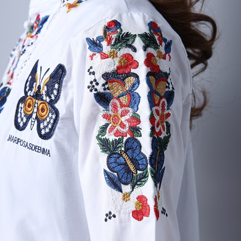 primavera mariposas Casual Camisa blanca suelta Vintage Ethnic camisas Tops blanco algodón bordado blusa Blusas Largas