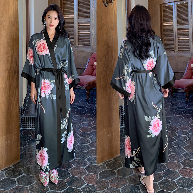 Albornoz tipo kimono largo con estampado de flores para mujer, bata de boda Sexy de media manga, camisón de rayón para primavera y verano, vestido para casa, ropa de dormir: Verde