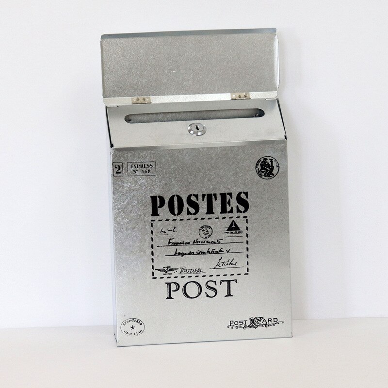 Udendørs vintage metal jern postkasse vandtæt postkasse låsbar kasse hjem altan haven dekorative håndværk postkasse: Sølv