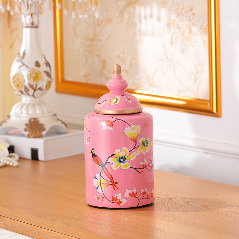Jarrón de cerámica pintado de flores y pájaros, jarrones clásicos, tarro de caramelo antiguo, tarros de almacenamiento de porcelana multiusos, decoración Vintage para el hogar: Pink Small