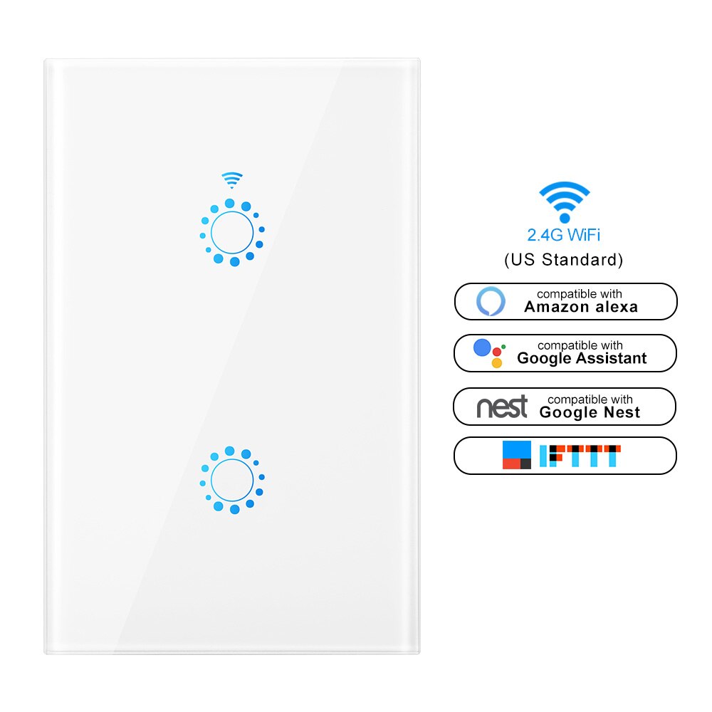 Smart switch Wifi Light Switch Glass Screen Touch Panel Voice Control Wall Switch work with Alexa Echo Google Home 1/2/3-Gang: us size white 2gang