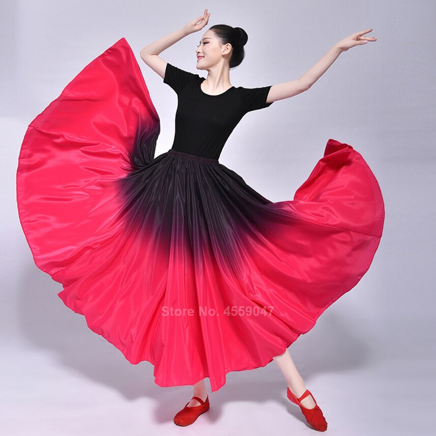 Spaanse Flamenco Rok Vrouwen Gradiënt Fading Kleur Smooth Glossy Luxe Elegante Grote Swing Dance Kostuum Meisjes Buik Maxi Jurk