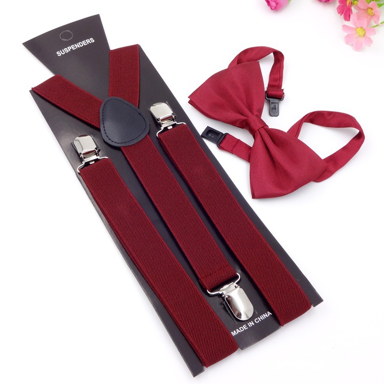 Suspenders with Bowtie Men Bow Tie Set Mens Braces Womens Adjustable Suspenders Pants Wedding Ties Accessories: Wine red