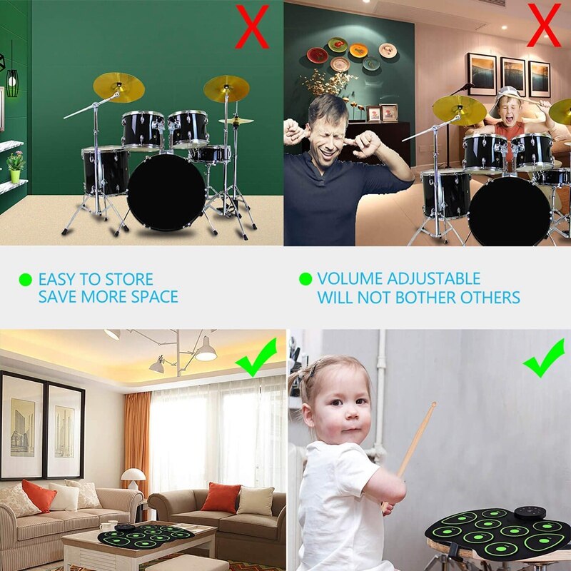 Elektronisches schlagzeug mit 9 pads, aufrollbar, übungsset für kinder, jugendliche und erwachsene, anfänger, bestes geburtstagsgeschenk