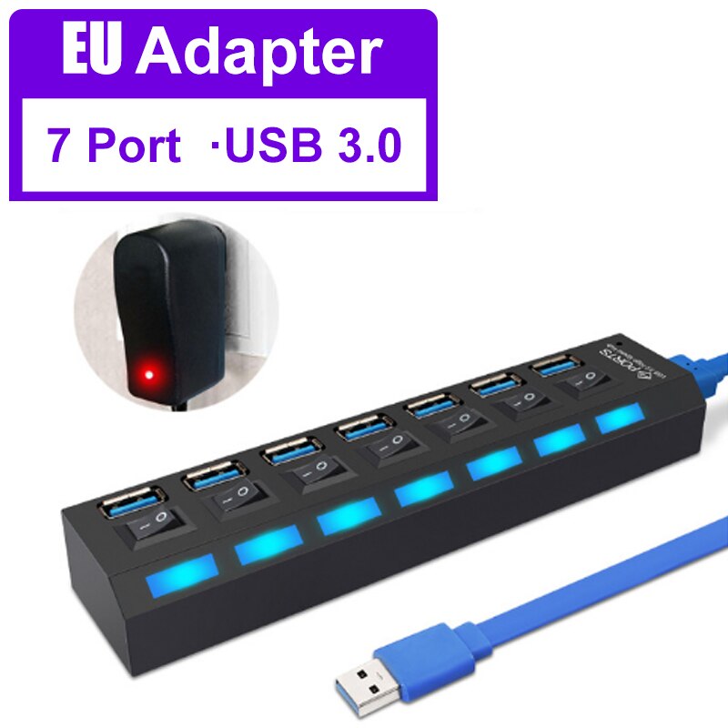 YTOM HUB USB 3,0 de 2,0 HUB Splitter USB Multi 4/7 expansor de Puerto múltiples USB 3 Hab uso adaptador de alimentación de USB3.0 con interruptor para PC: 7 port 3.0 with EU