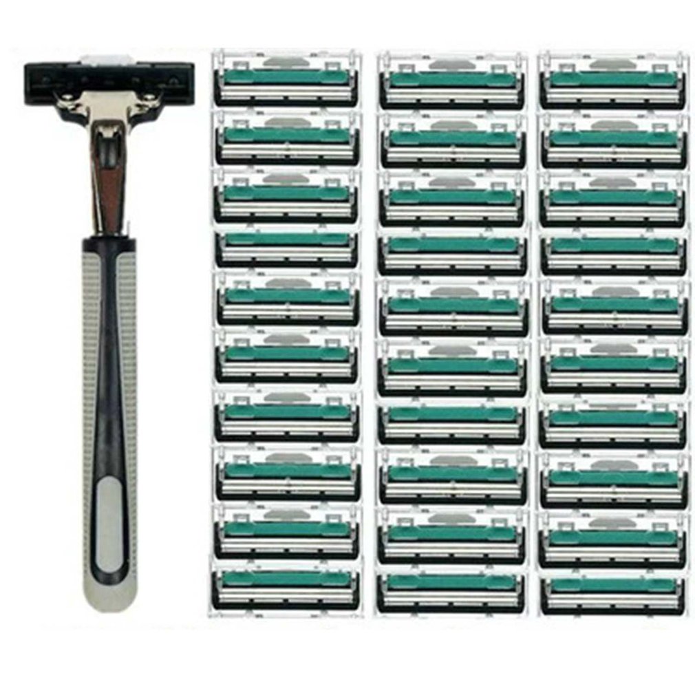 Manuel barbermaskine dobbeltlags barbermaskine 1 knivholder 30 skærehoved herre skæg kniv barbermaskine værktøj (med 30 blade)