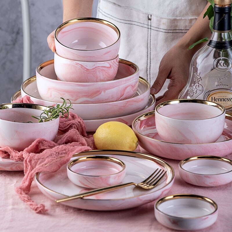 1pc pink phnom penh marmor keramisk service skål tallerken ins ris salat nudler fad suppe ske spisestel sæt