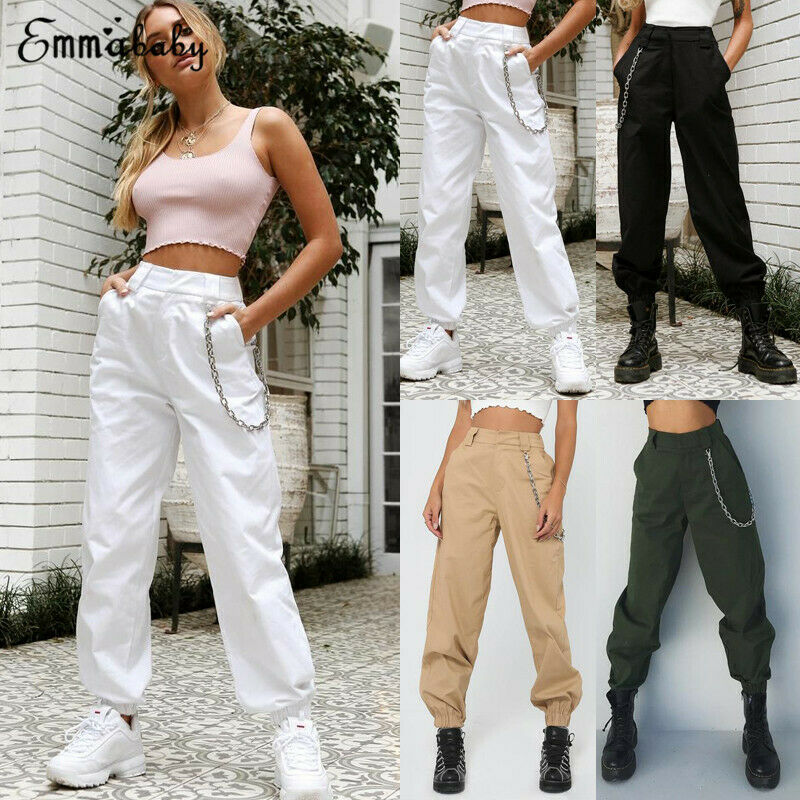 Brand Women's Patchwork Cargo Trousers Pants Solid Punk Sporty Style Loose Long Sports Baseball Pants With Chain