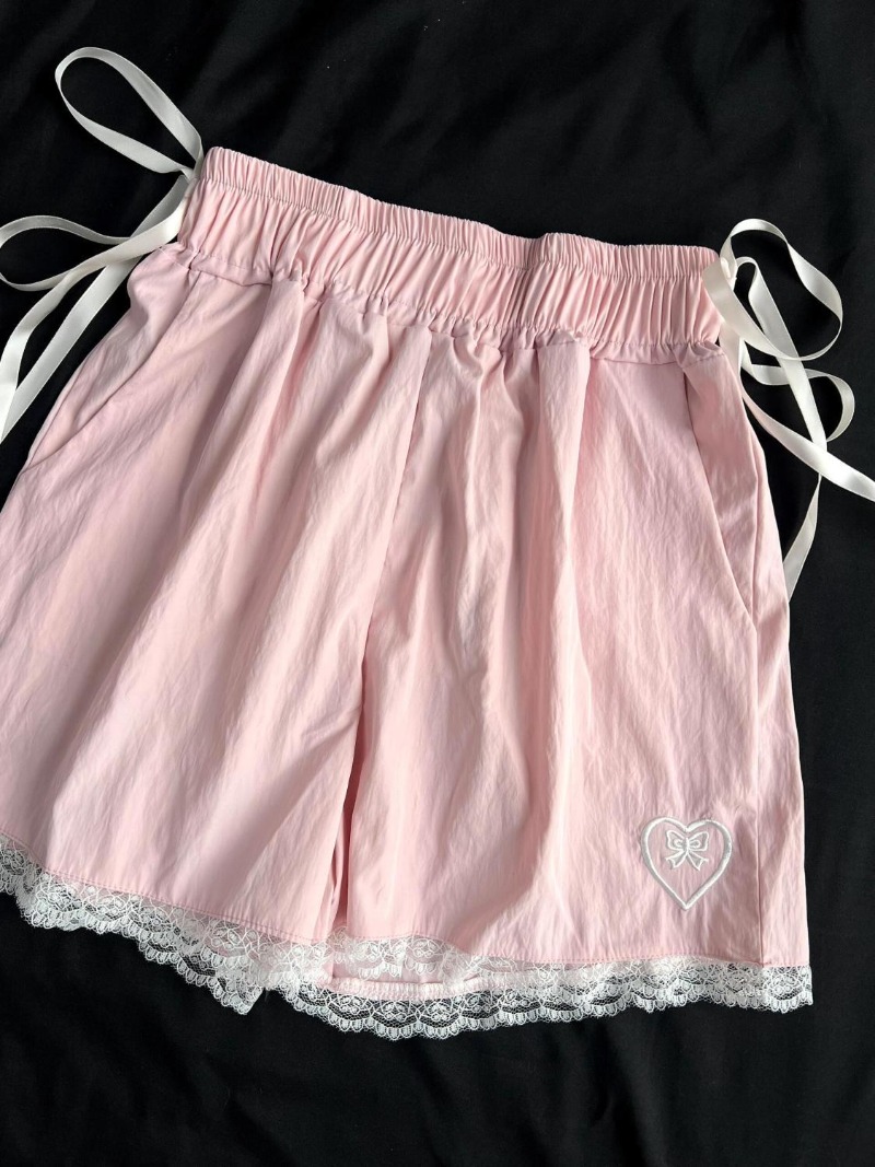 Højtaljede shorts i japansk stil med blonder, ruched patchwork,  y2k vide ben til kvinder, bandage, sløjfe, sommer, knælange, hotsweet, korte bukser