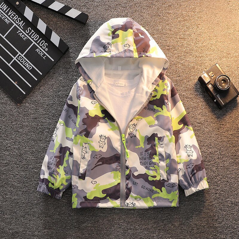 2-8T Sports Boys Spring Fall Camouflage Polyester Zipper Layer Jacket Casual Windbreaker Boy Handsome Hooded Windproof Coat: Green   / 18-24M