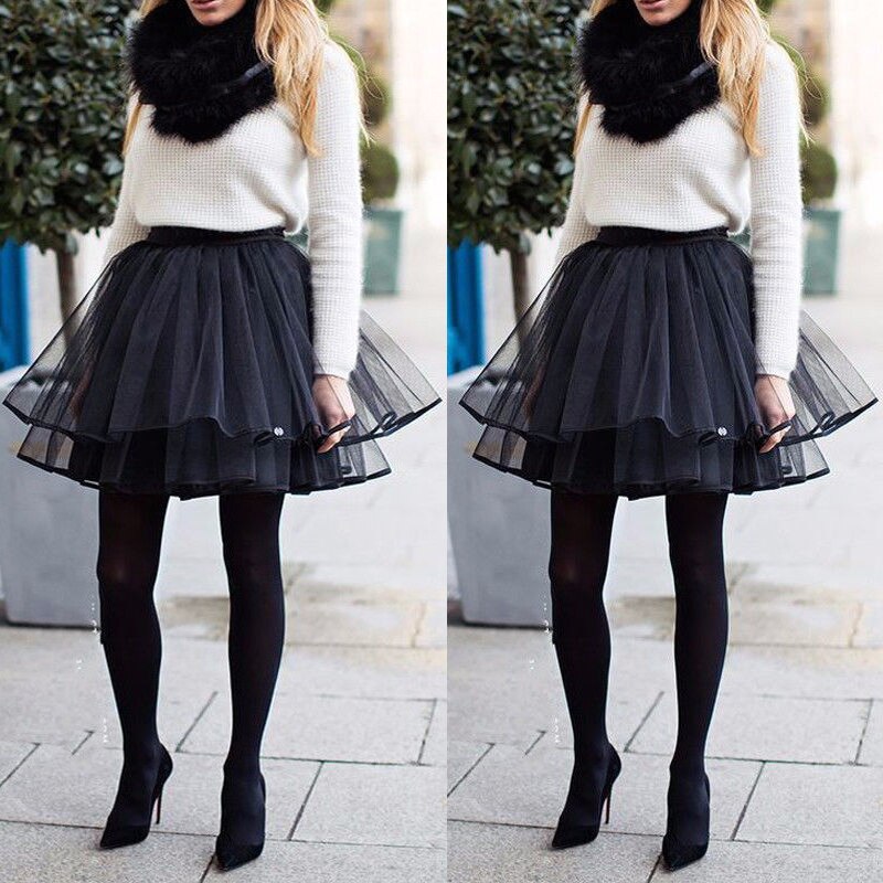 Women Girl Black Ballet Tulle Pleated Tutu Skirt Wedding Party Prom Bouffant Dress S M L XL