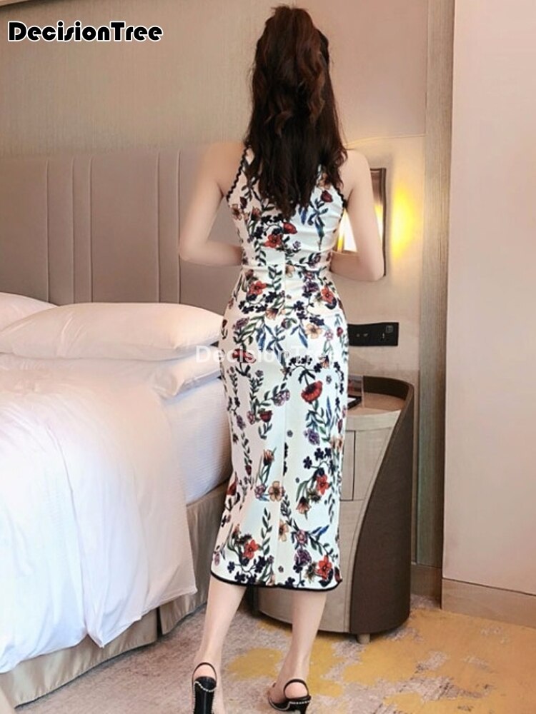 Chinese Jurk Vrouwen Chinese Vintage Jurk Sexy Afdrukken Hoge Split Qipao Party Trouwjurk Oosterse Jurk Cheongsam