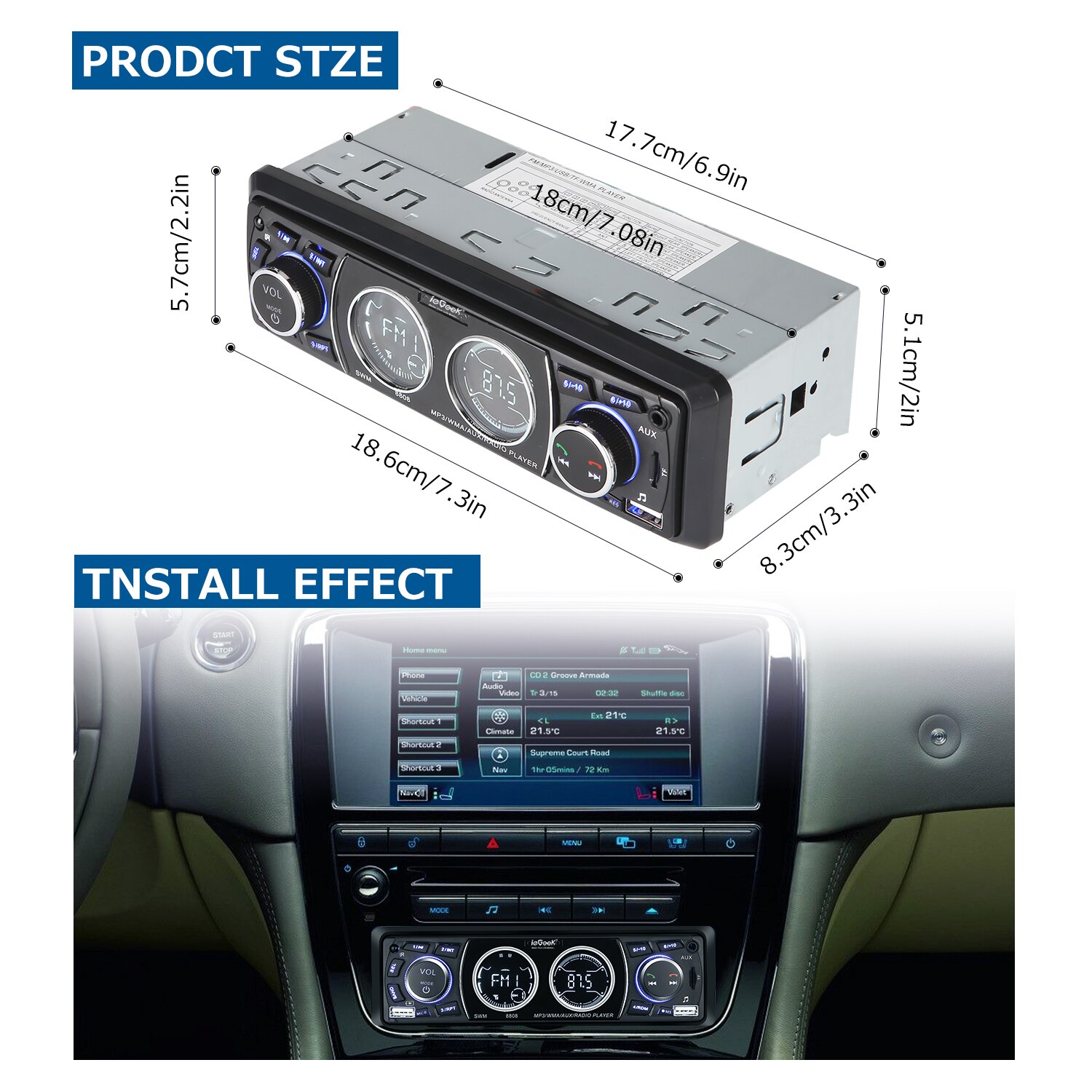 12V Car Radio Bluetooth MP3 Player LCD Screen Stereo Car Audio Player FM USB/SD/AUX-IN Phone Charging 1DIN