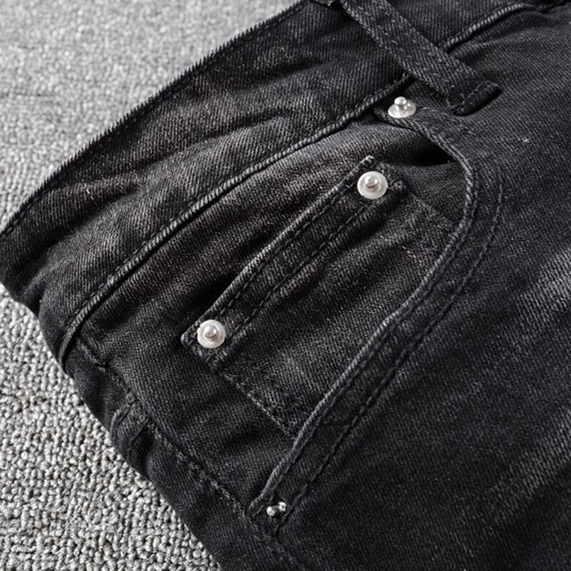 Jean en denim pour motard, plissé et patchwork déchiré, noir, streetwear, à la , pantalon en denim, à trous