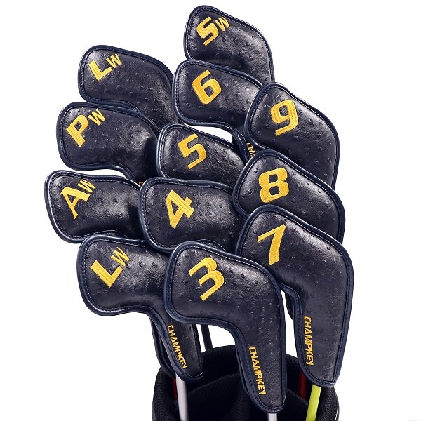 Champkey 12 Stuks Golf Iron Cover Headcover Zwart Kleuren Pu Leer Met Adem Gaten Golf Club Iron Covers: Black long