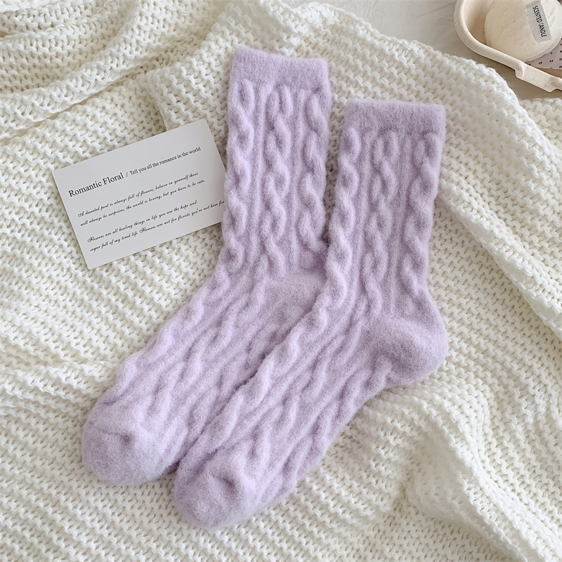 Calcetines cálidos para mujer, japonesa de invierno, calcetines mullidos de Color sólido para niñas, calcetines gruesos y bonitos para el hogar, calcetines suaves Kawaii para otoño: Púrpura claro