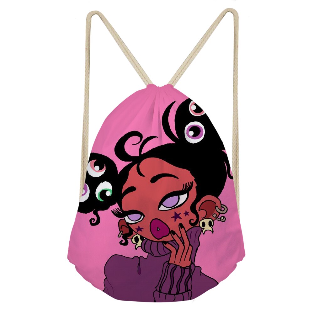 Sac à dos de voyage pliable pour femme africaine noire avec cordon de serrage, motif dessin animé rose, style afro, idéal pour ranger des objets de valeur: Cdzhl 878 z 3