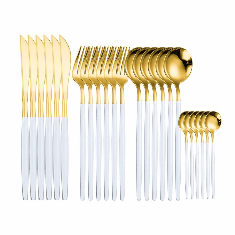 Goud Servies Set 24 Stuk Gouden Bestek Set Roestvrij Staal Servies Sets Bestek Zilverwerk Mes Vork Lepel Box Set: white gold 6sets