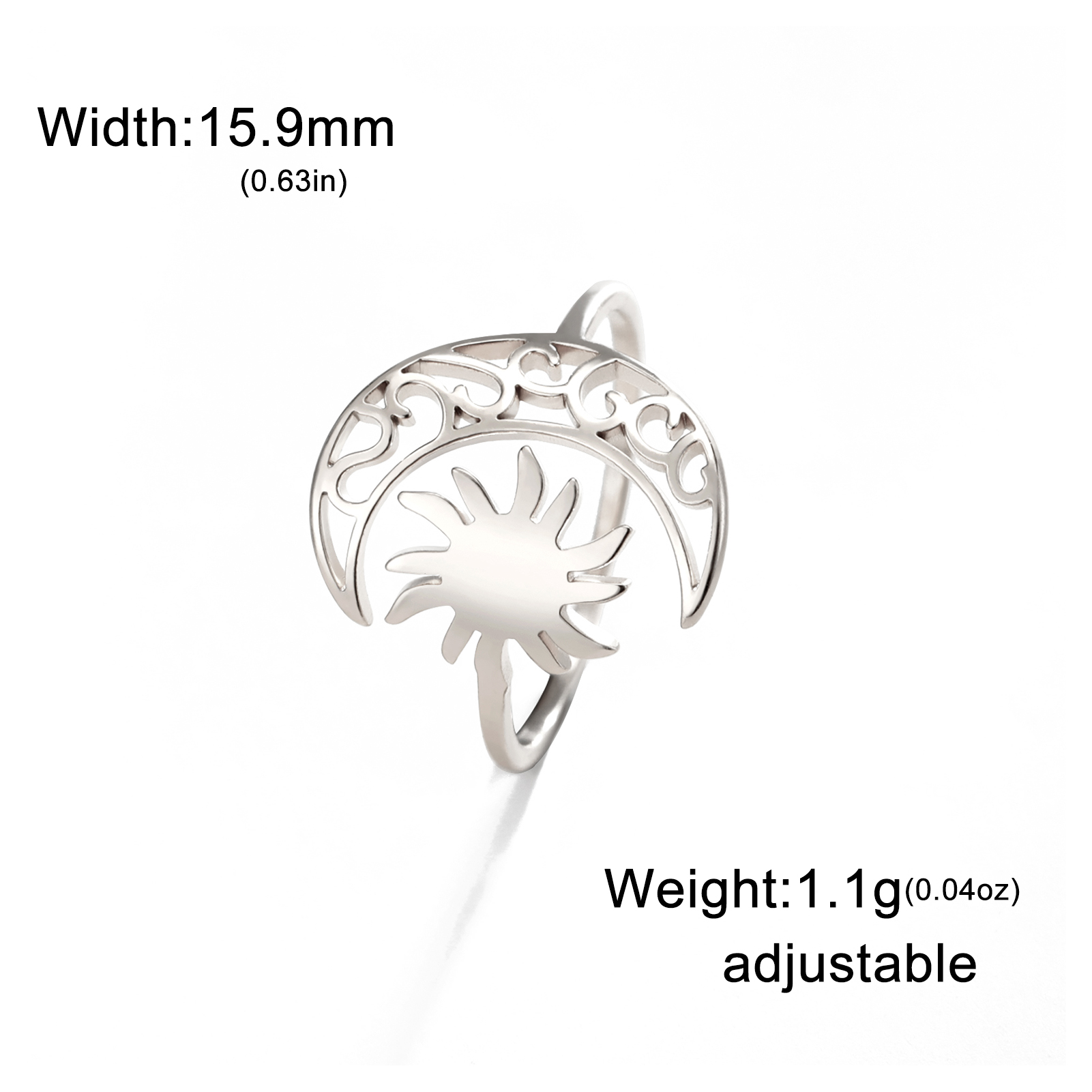 Skyrim-Anillo de sol con forma de luna creciente para mujer, anillos abiertos de acero inoxidable, joyería bohemia de , de cumpleaños,: Plata