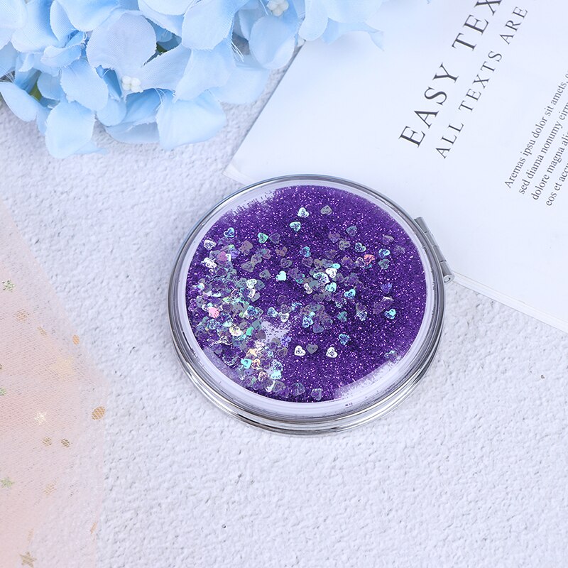 Portable Double-Sided Folding Cosmetic Mirror Female With Flowing Sparkling Sand Mini Makeup Mirror Compact Pocket Mirrors: PP