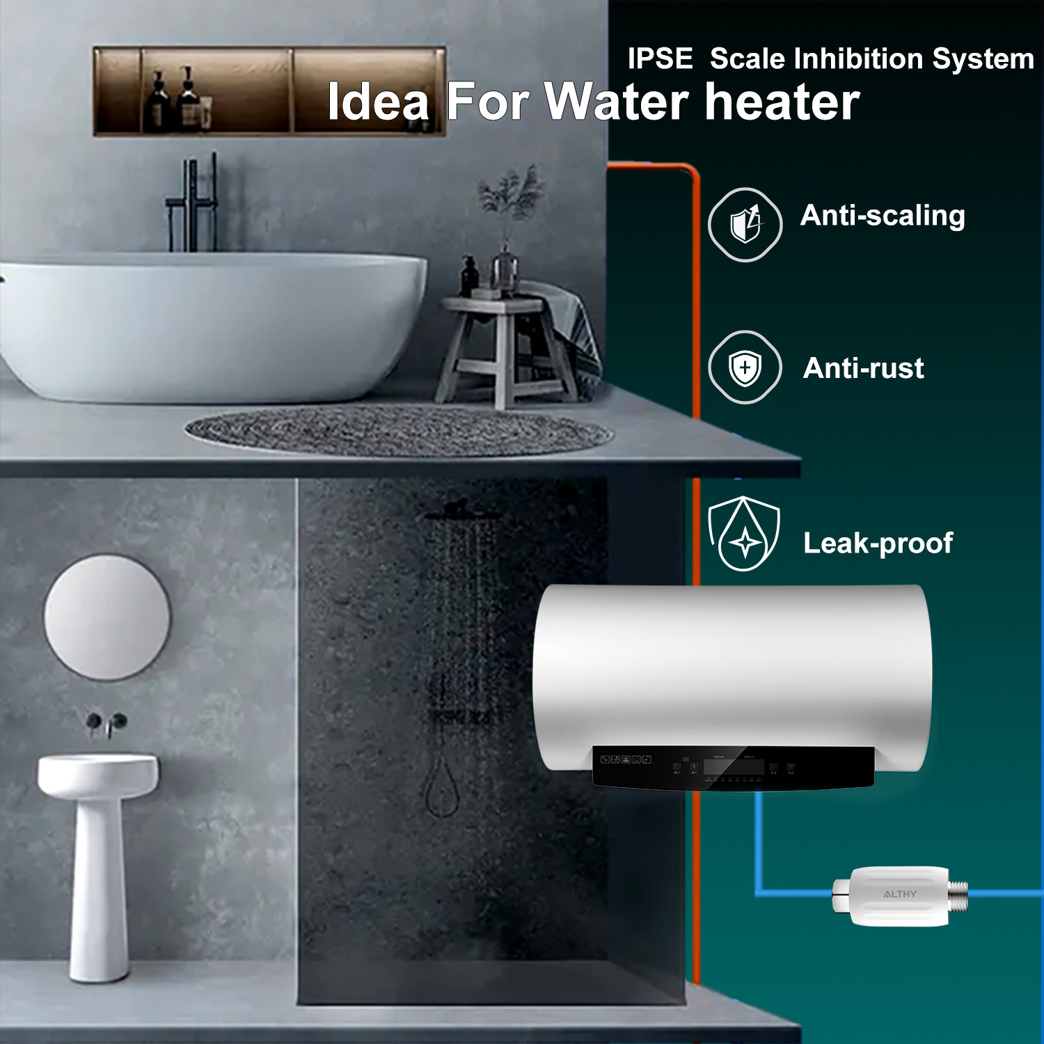 ALTHY IPSE Terminal de inhibición de escala, sistema suavizante de agua, descalcificador, antiscala y agua dura para calentador de agua, filtro de ducha