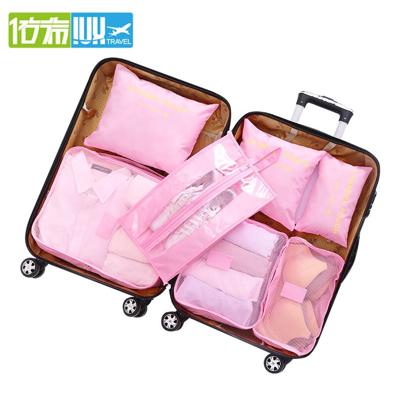 IUX Multifunctionele 7PCS Vrouwen Reistas Clother Ondergoed Beha Verpakking Kubus Bagage Organizer Pouch Familie Closet Tassen: pink