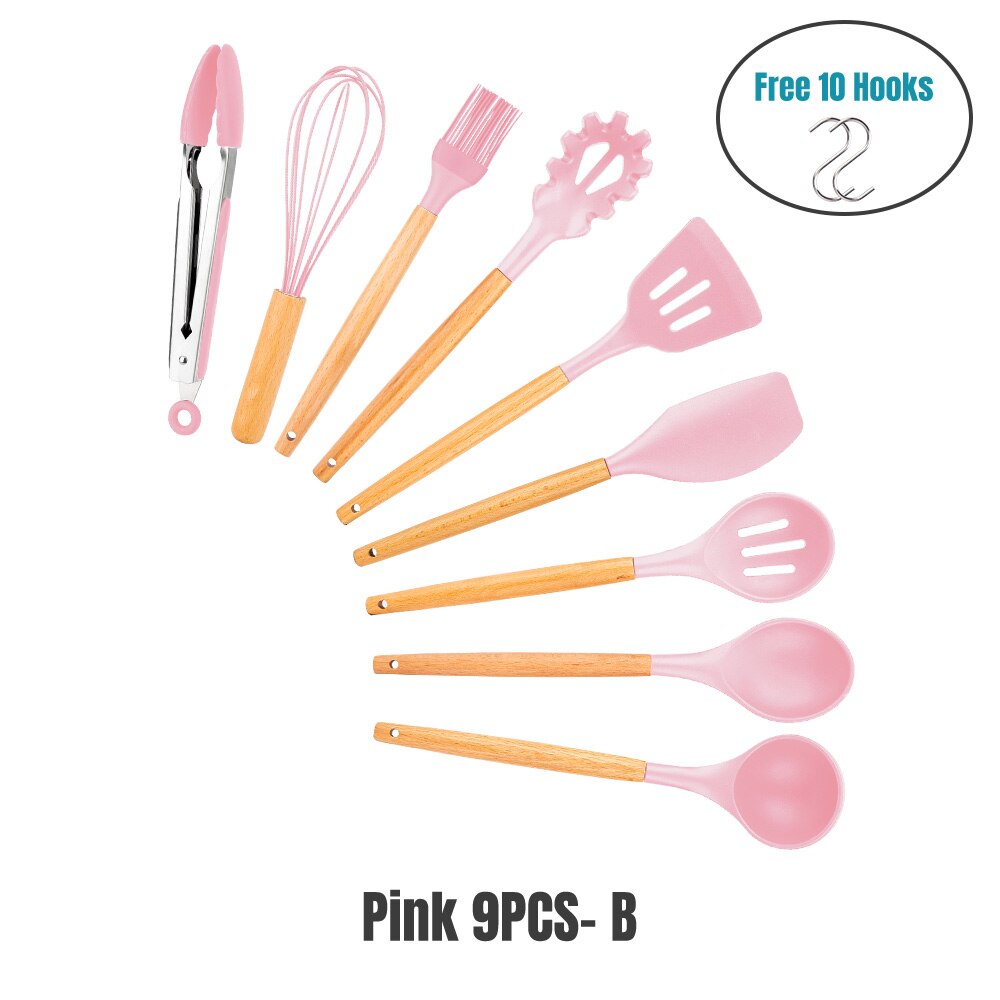 Silicone Cooking Utensils Set Kitchen Tools Cooking Sets Kitchen Utensils Silicone Kitchen Accessories Cooking Silicone Spatula: PINK 9PCS-B