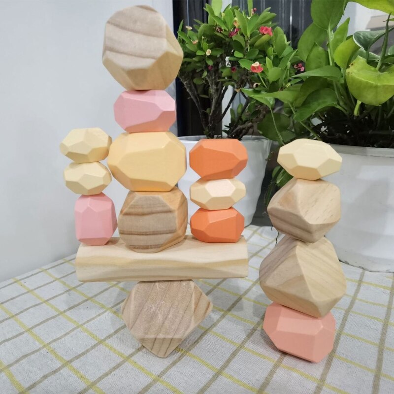 16 Pcs Children Wooden Colored Stone Stacking Game Building Block Kids Toys P31B