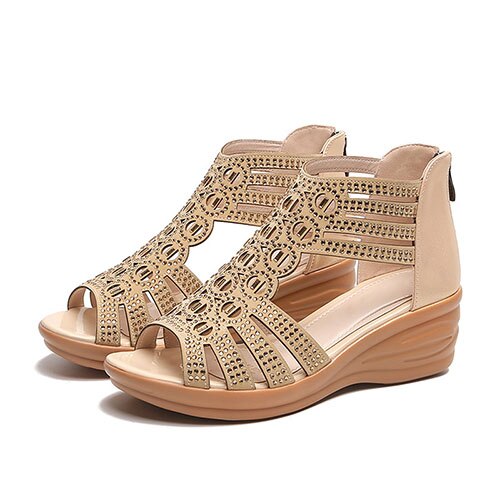 Women Crystal Rome Sandals 2022 Summer Woman Zip Wedges Ladies Comfortable Footwear Female Beach Shoes Women&#39;s Casual High Heels: Beige / 9